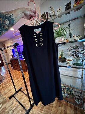 Michael Kors Sleeveless Black A-Line Dress with Gold Grommet Detail. Size Small